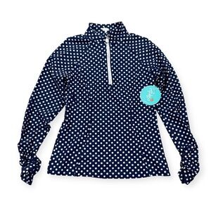 NEW Tzu Tzu Sara Top Size Small Navy Blue White Polka Dot Quarter Zip Preppy